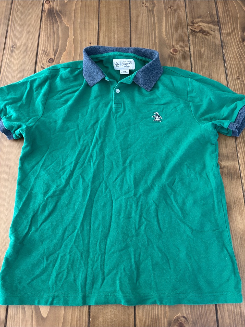 Original Penguin Men’s Geeen Polo with Heathered Navy Collar